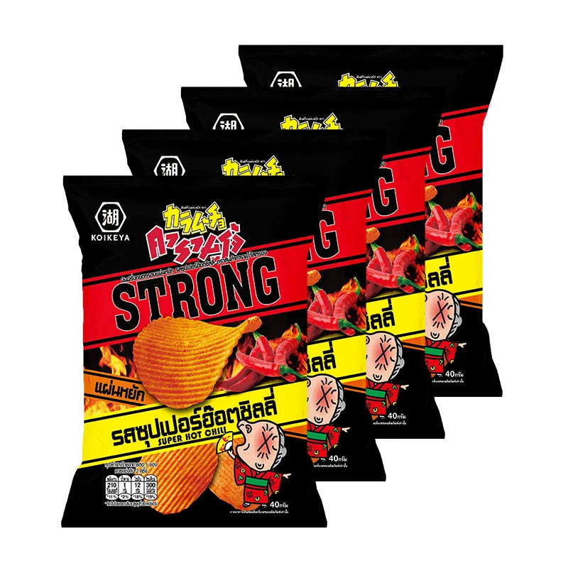 KARAMUCHO Strong Ridge Cut Potato Chips in Super Hot Chili flavor, 40g pack, showing ridged, spicy chips in bright packaging