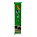 Kanesu Chasoba Uji Midori green tea soba noodles in a dry grocery package, showcasing Japanese-style green tea soba made by KANESU.