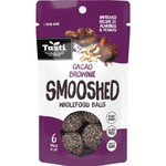 Tasti Smooshed Cacao Brownie, a rich chocolate confectionery snack with a fudgy texture and chocolate drizzle on top.