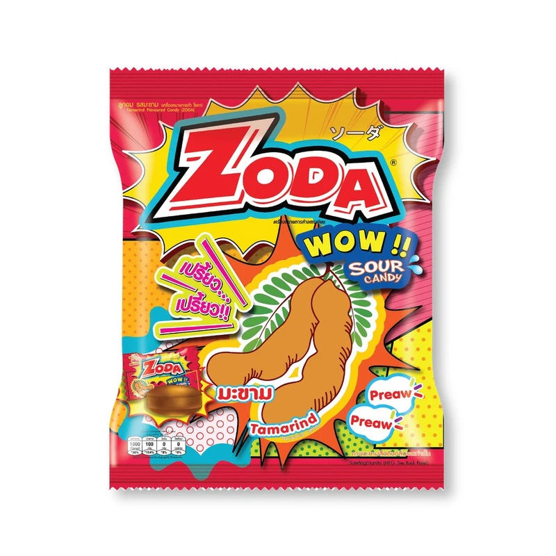 ZODA WOW Tamarind Candy 250g with 100 pieces, showing shiny tamarind-flavored candies in a clear package.