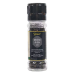 Raitip Black Pepper with mill in black container, fresh ground spice for cooking, on a clean white background
