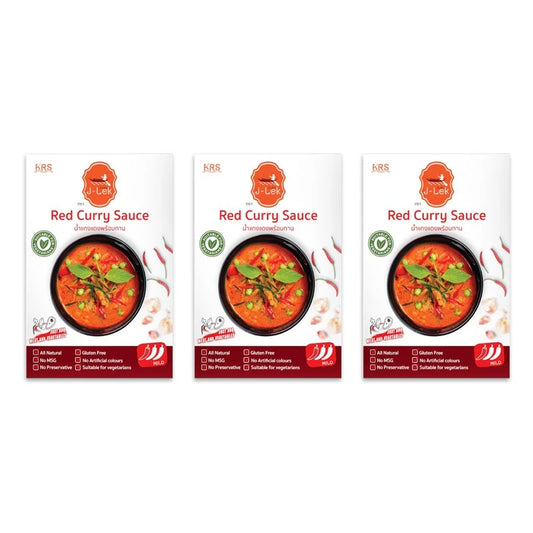 J-LEK Ready-To-Eat Red Curry Soup 250g pack of 3, showing vibrant red curry soup in clear bowls with fresh herbs.