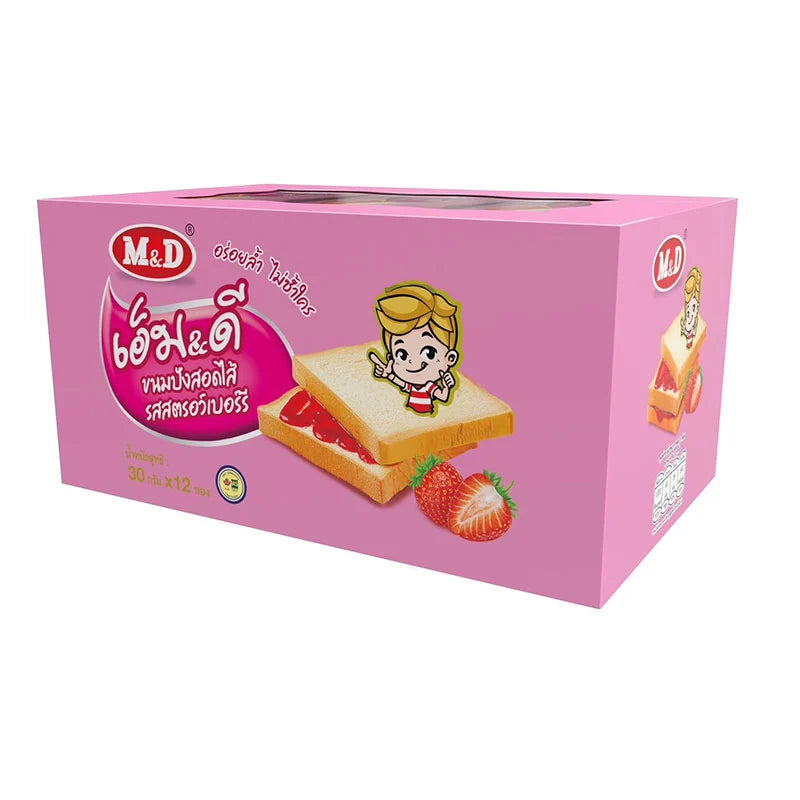 M&D Strawberry Sandwich Cream 30g, showing a packaged snack with strawberry cream filling in a clear wrapper