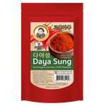 Daya Sung Gochugaru Korean fine chili powder in a clear jar, showing vibrant red chili flakes for cooking and seasoning.