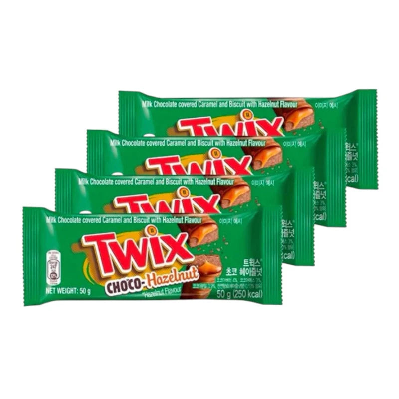 Twix Hazelnut Double Stick chocolate candy bars in a 50g pack of 4 pieces, featuring caramel, hazelnuts, and chocolate.