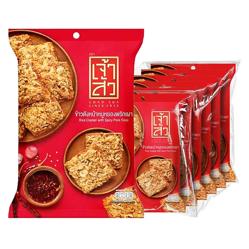 Chao Sua spicy pork floss rice cracker pack, six 30g bags, crispy snack with spicy pork flavor in colorful packaging.