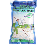 Kobfarkhew Natural Sea Salt in a clear container, showing coarse white salt crystals for cooking and seasoning.