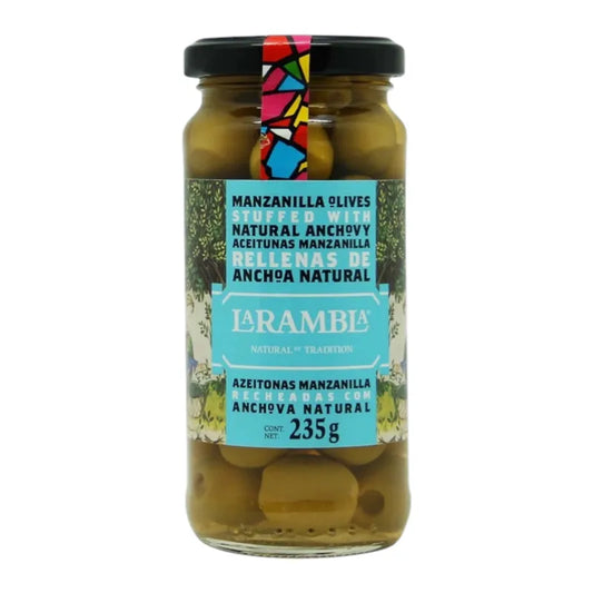 La Rambla Manzanilla green olives stuffed with anchovies in a 235g jar, showcasing the olives and stuffed filling.