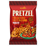 Samjin Pretzels Tteokbokki flavor confectionery snacks in colorful packaging, showcasing crispy pretzel sticks with spicy Korean rice cake taste.