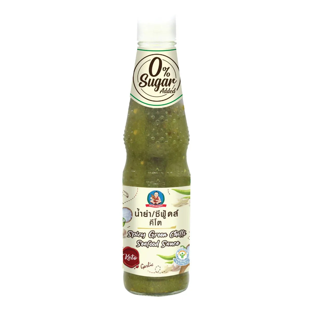DEKSOMBOON Keto Spicy Green Chili Seafood Sauce in 350g jar, featuring vibrant green chili and seafood ingredients.