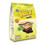 Voiz Waffle Choco Crispies Family Pack, chocolate-filled confectionery snacks with crispy waffle texture, shown in a colorful box.
