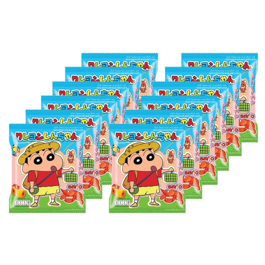 Shinchan Crispy Corn Shrimp snack packets, 11g each, with a Shin Chan collectible card inside, displayed in a package.