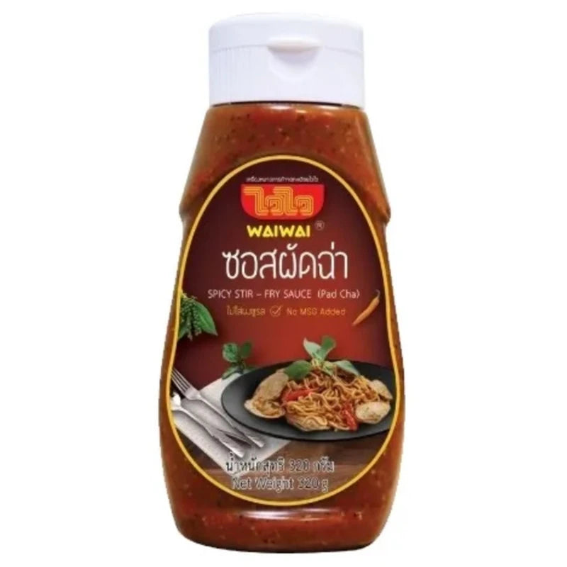 WAIWAI Stir-Fry Sauce 320g bottle with label showing Asian-inspired design and ingredients for flavorful cooking.