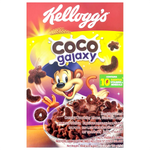 Kellogg's Coco Galaxy cereal box featuring chocolate and coconut-flavored flakes in a colorful box design