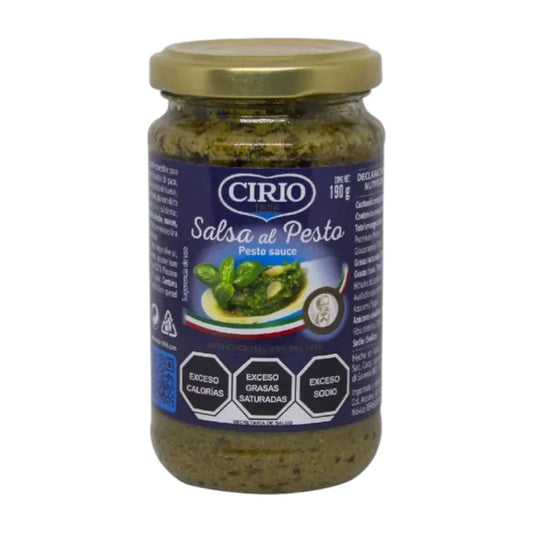 CIRIO Pesto Sauce 190g jar with green basil and pine nuts, ready to serve over pasta or as a flavorful spread.