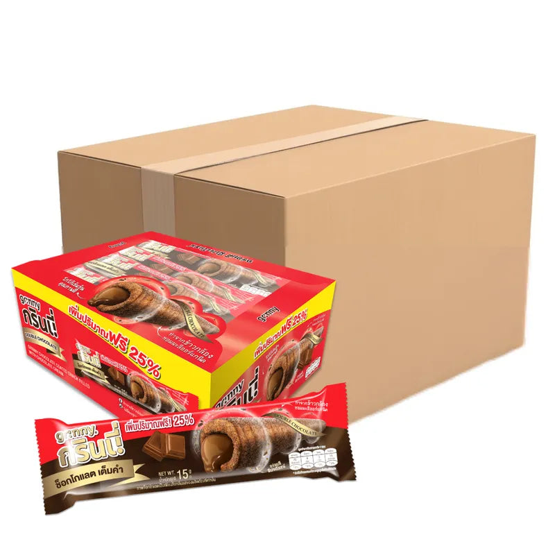 Assorted GRINNY chocolate-coated snack boxes filled with chocolate cream, 15g each, 12 packs of 12 pieces in the image.
