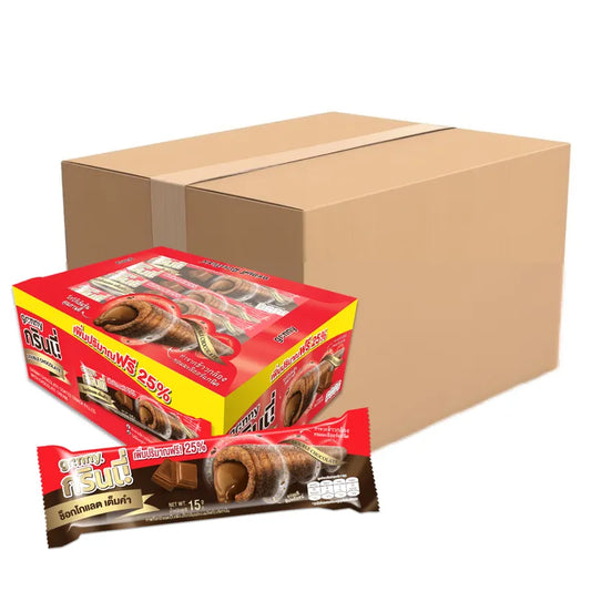 Assorted GRINNY chocolate-coated snack boxes filled with chocolate cream, 15g each, 12 packs of 12 pieces in the image.
