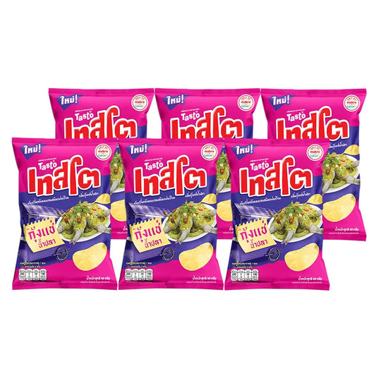 TASTO Potato Chip Shrimp in Fish Sauce packaging, 40g x 6, with crispy shrimp chips and fish sauce flavor in a sealed bag.