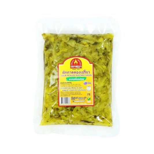 Chada shredded sour pickled mustard greens in 500g packaging, traditional 70-year recipe, no MSG, stored in a clear container