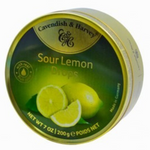 Cavendish & Harvey Sour Lemon Drops, colorful citrus-flavored confectionery candies in bright packaging.