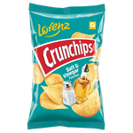 Lorenz Crunchips Sea Salt & Vinegar potato snack in a colorful bag with crispy chips visible inside.