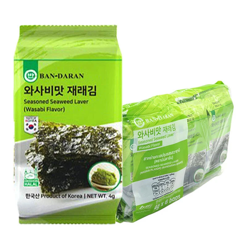 BANDARAN seasoned seaweed wasabi flavor sachets, 4g each, showing individual packaging of crispy, seasoned seaweed snack.