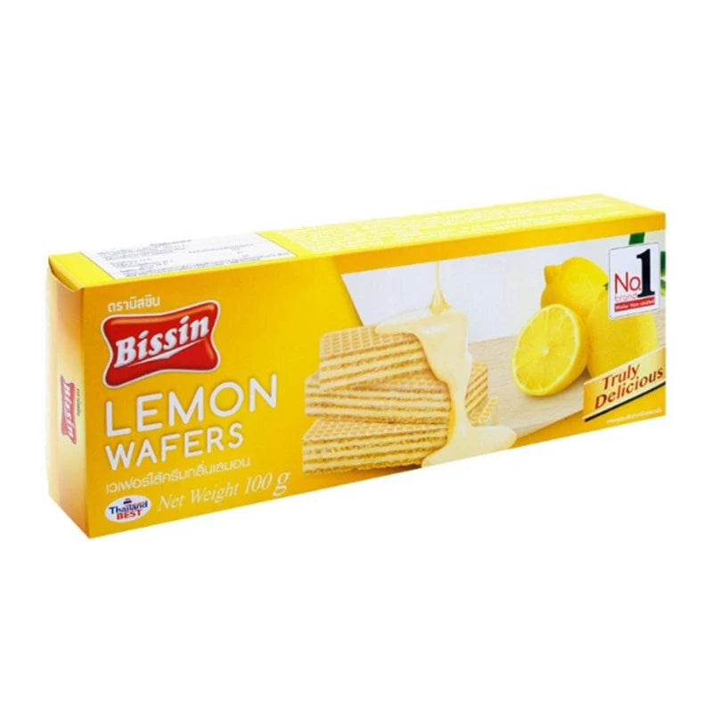 BISSIN Lemon Cream Wafer 100 g featuring crispy wafer layers filled with lemon-flavored cream.