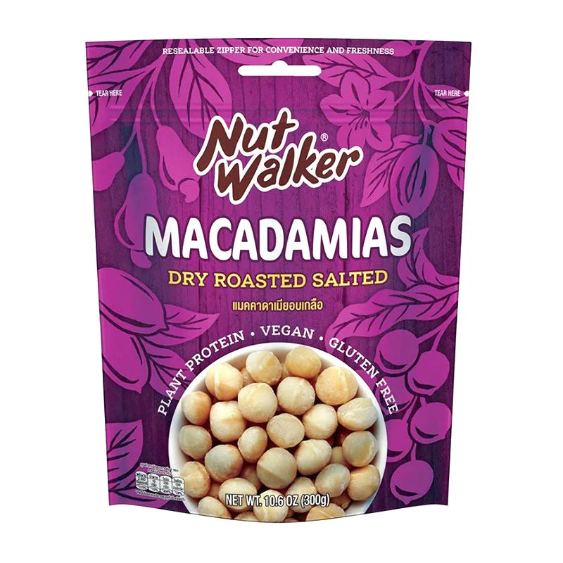 Salted Macadamias from NUT WALKER in a 300g package, showing crunchy, golden brown macadamia nuts with salted coating.