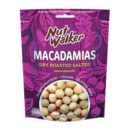 Salted Macadamias from NUT WALKER in a 300g package, showing crunchy, golden brown macadamia nuts with salted coating.