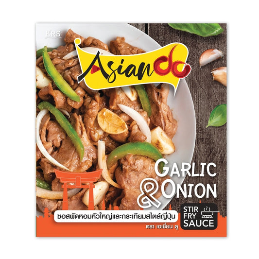 Asian Do Japanese-style onion and garlic stir-fry sauce in a 70g jar, showcasing the dark, savory sauce with fresh onion and garlic ingredients.