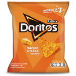 Bag of Doritos Nacho Cheese flavored confectionery snacks showing crispy, cheesy chips with vibrant orange color.