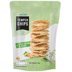 Cozzo Tempeh Chips Sour Cream & Onion confectionery snacks with crispy tempeh pieces coated in sour cream and onion flavor.