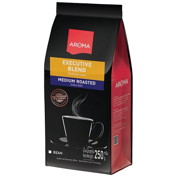Aroma Coffee Executive Blend drink in a glass with a rich, dark coffee color and a frothy top, served in a clear glass.