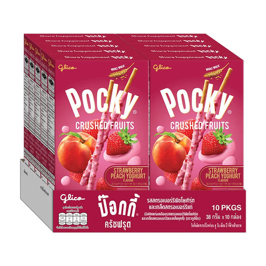 POCKY Crushed Fruit Strawberry Peach Yoghurt Snack Sticks in 38g pack, showing crispy biscuit sticks coated with fruity yogurt flavor
