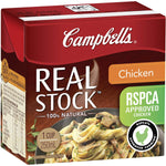 Canned Campbell's Real Stock Chicken Soup in a metal can with label showing chicken broth and vegetables, ready for cooking.