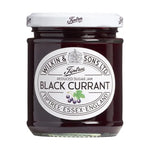 Tiptree Black Currant Reduced 200g jar of fruit preserve with black currants and glossy dark purple jam inside.