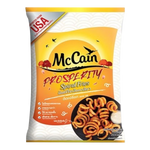 Mccain Redstone Canyon Crispy Spiral Fries with skin on, crunchy snack, golden brown, freshly cooked appearance