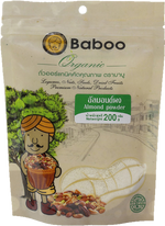 Baboo Raw Almond Powder in a clear container, showcasing the light beige, finely ground almond powder for cooking and baking.