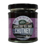 Arran caramelized red onion chutney in a jar, showcasing rich, glossy red onions with a thick, flavorful texture for grocery use.