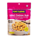 Tong Garden salted cashew nuts in a clear bowl, showcasing their roasted appearance and salted coating, perfect for snack lovers.