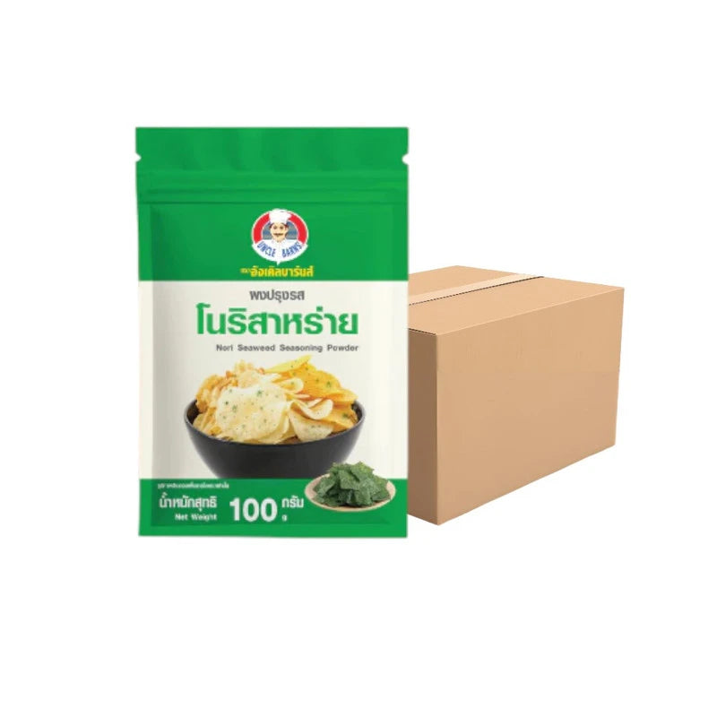 Uncle Barns Seasoning Powder with Nori Seaweed, 100g sachet, showing the seasoning packaging with seaweed flakes.
