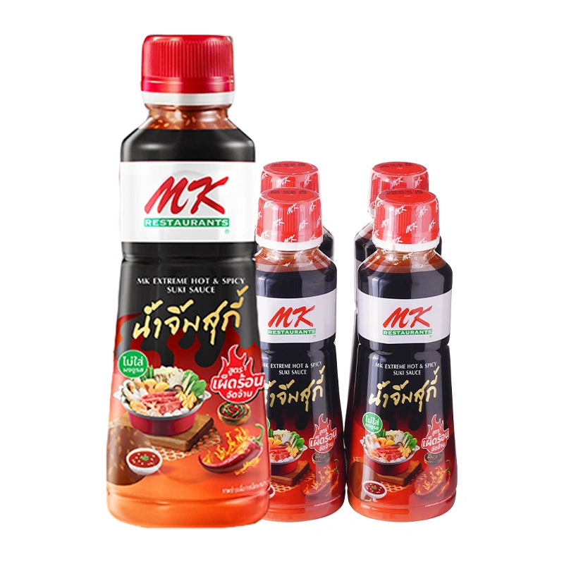 MK Suki Sauce Extreme Hot and Spicy, 350g bottle, featuring fiery chili peppers and bold flavor in a clear glass bottle.