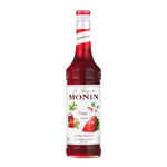 Monin Strawberry Syrup 700ml bottle, clear view of the label, featuring fresh strawberries and vibrant red color.