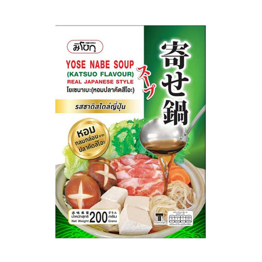 MISHOKU Yose Nabe Soup Katsuo Flavor 200g package, Japanese-style hot pot soup base with dried bonito flavor.