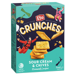 Eta Crunches Sour Cream & Chives Crackers, close-up of crispy snack with sour cream and chives flavoring.