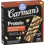 Carman's Salted Dark Chocolate and Almond Protein Bar, packaged as a nutritious grocery snack with chocolate and almond ingredients.