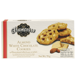 Francoise Almond White Chocolate Cookies, confectionery snacks with visible almonds and white chocolate chunks on a plate.
