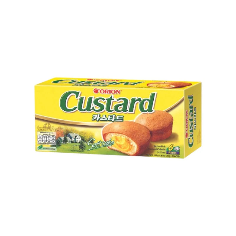 Orion Custard Korean snack box with 6 pieces, featuring creamy custard-filled treats in colorful packaging.