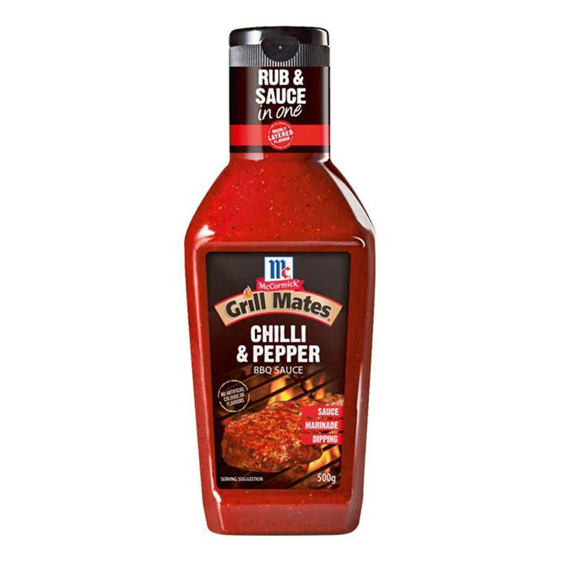 MCCORMICK Chilli and Pepper Sauce 500g bottle with red chili peppers and spices visible, ready for adding flavor to dishes