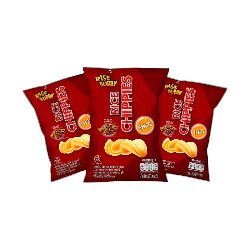 RISE BUDDY BBQ flavor baked rice chips in a pack of three bags, showing crispy rice snack with bold BBQ seasoning.